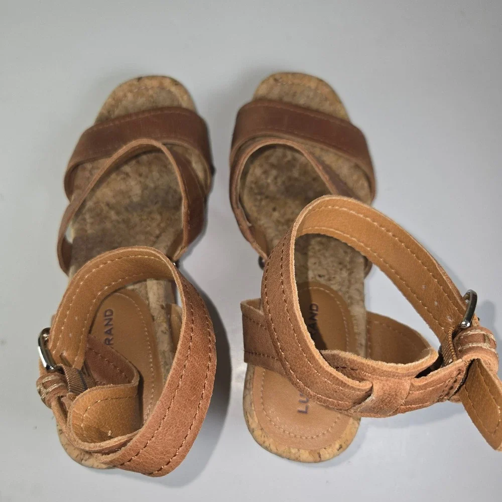 Lucky Brand Valintina Cork Wedge Sandals Brown Leather Ankle Strap Women's 8.5‎